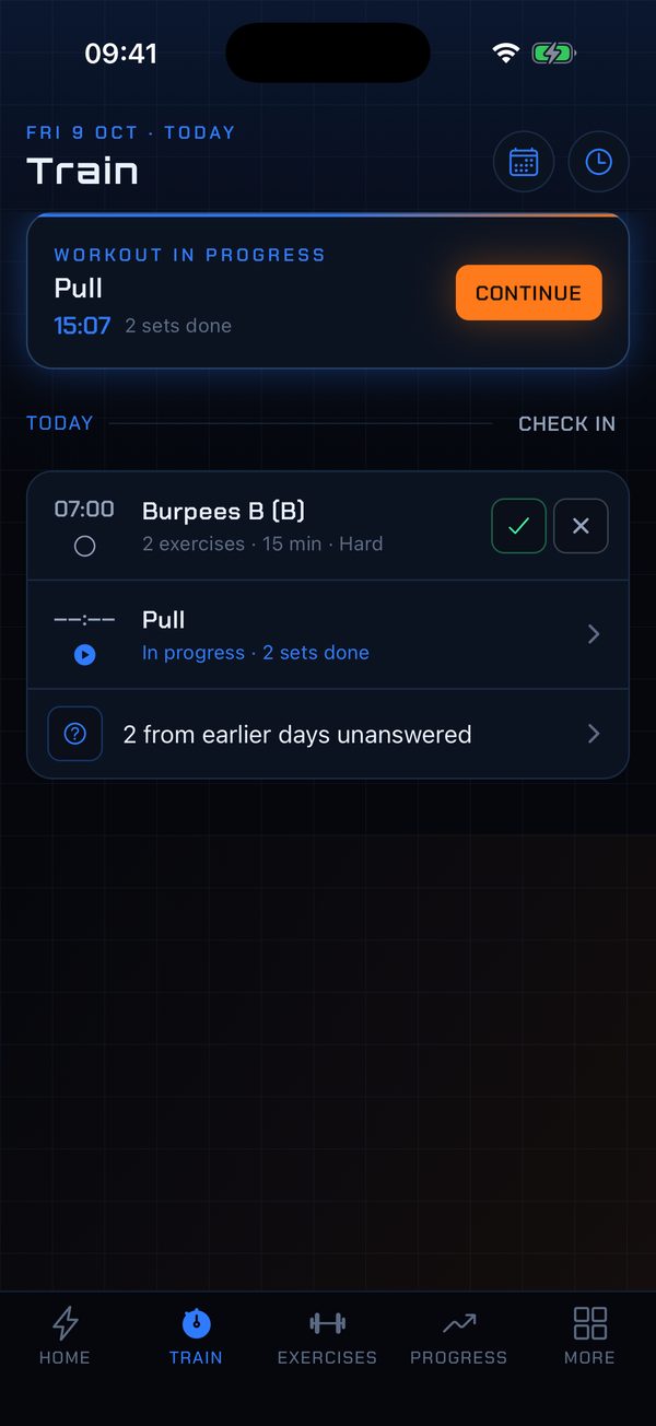 Train: a workout in progress and today's planned workouts